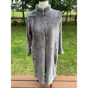 Stan Herman Womens PL Gray Ribbed Fleece Zip-Up Lounger Polyester Long Soft Warm